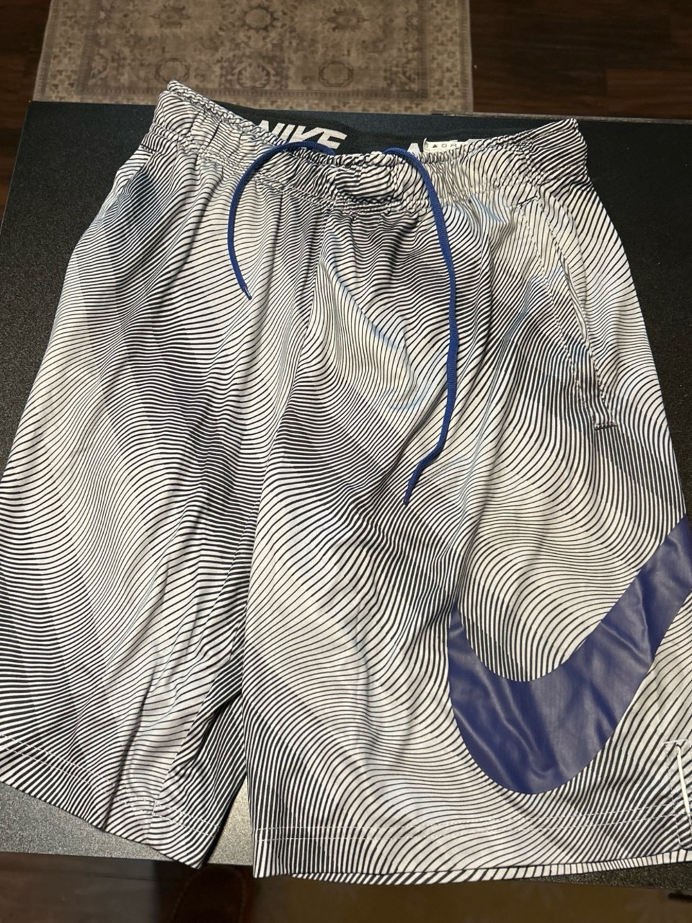 Nike Men's Blue and White Athletic Shorts with Blue Swoosh